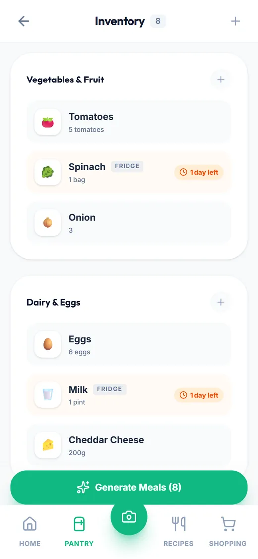 What's In My Fridge pantry screen with automatic expiry dates