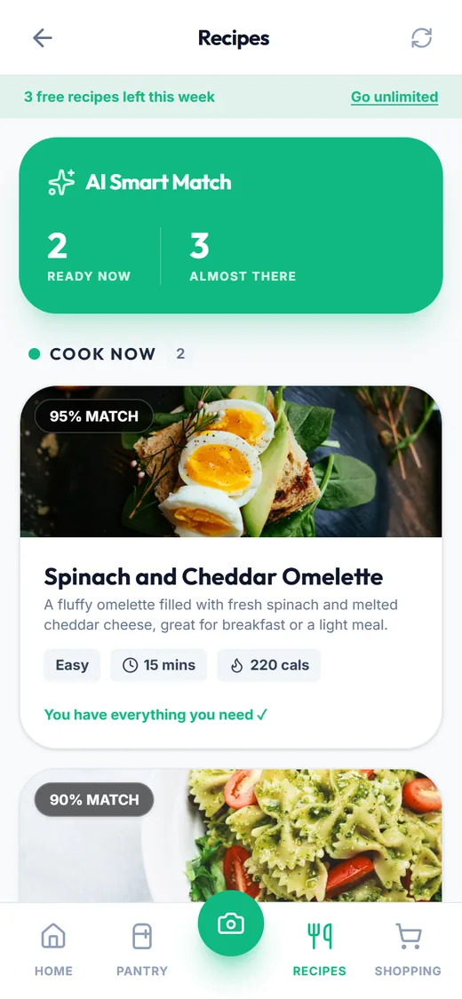 What's In My Fridge recipes screen showing meals you can cook now